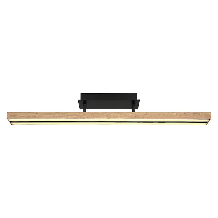 Globo Doro LED-Deckenleuchte Holzoptik - 24 W, L x B x H: 81,5 x 7,5 x 14 cm, Holzoptik/Schwarz, Warmweiß - Nahaufnahme einer Deckenleuchte mit Holzrahmen und schwarzer Befestigung, die ein modernes und warmes Licht ausstrahlt.