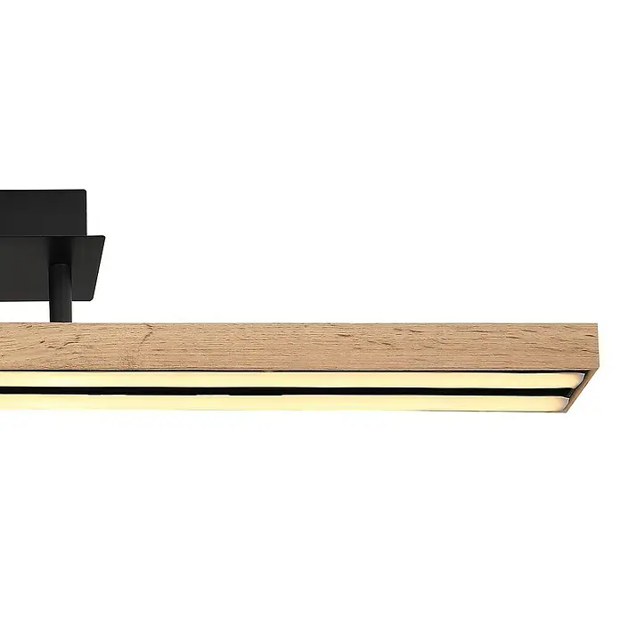 Globo Doro LED-Deckenleuchte Holzoptik - 24 W, L x B x H: 81,5 x 7,5 x 14 cm, Holzoptik/Schwarz, Warmweiß - Detailaufnahme einer LED-Deckenleuchte mit Holzeffekt und schwarzer Halterung, die ein warmes, einladendes Licht ausstrahlt.
