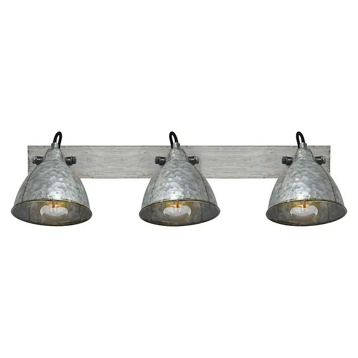 Tween Light Foglio Deckenstrahler - 40 W, L x B x H: 70 x 19 x 21 cm, Grau, E27 - Badezimmerleuchte mit drei rustikalen Metallschirmen und Holzsockel für eine stimmungsvolle Beleuchtung.
