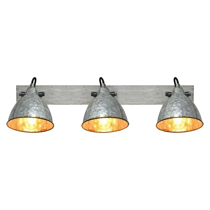 Tween Light Foglio Deckenstrahler - 40 W, L x B x H: 70 x 19 x 21 cm, Grau, E27 - Nahaufnahme einer rustikalen Badezimmerleuchte mit drei Metalleuchten und warmem Licht, die eine gemütliche Atmosphäre erzeugt.