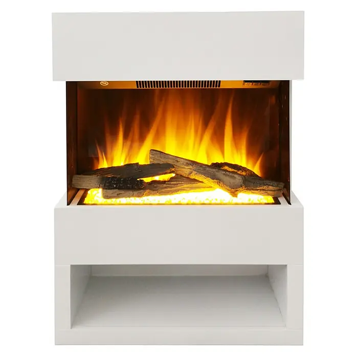 Voltomat HEATING Elektrischer Kamin Malmö - 1.500 W, Weiß, 25,1 x 55,6 x 76 cm - Nahaufnahme eines weißen Elektrokamins mit realistischen Flammen und Holzscheiten für eine gemütliche Atmosphäre.
