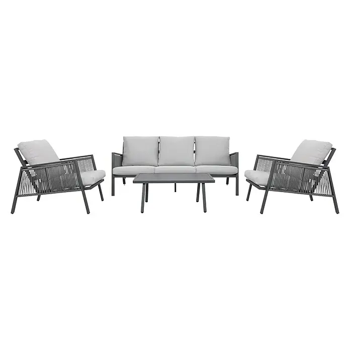 Sunfun Conjunto de muebles Keira - 4 pzs., Aluminio, Antracita - Un conjunto de muebles de jardín gris con sofá, dos sillones y mesa de centro, ideal para relajarse al aire libre. El mobiliario es elegante y cómodo.