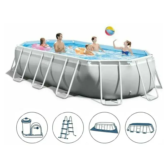 Intex Piscina Frame Prism frame oval - L x An x Al: 274 x 503 x 122 cm, 13.365 l - Una piscina elevada con estructura de acero Intex llena de agua donde una familia disfruta en un día soleado.