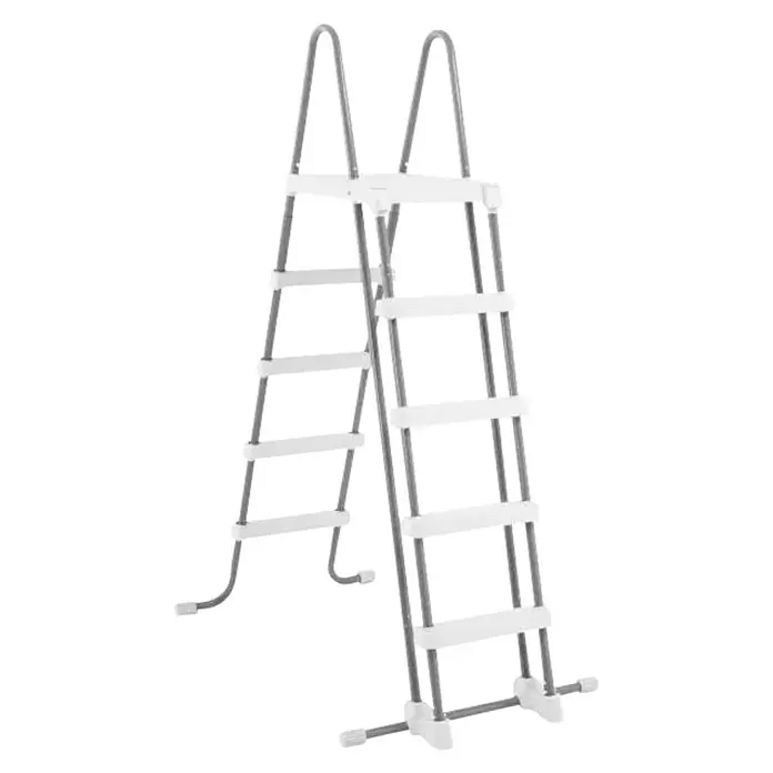 Intex Piscina Frame Prism frame oval - L x An x Al: 274 x 503 x 122 cm, 13.365 l - Imagen de una escalera de piscina con marco gris y peldaños blancos, facilitando el acceso a la piscina. Agarre seguro gracias a elementos antideslizantes.