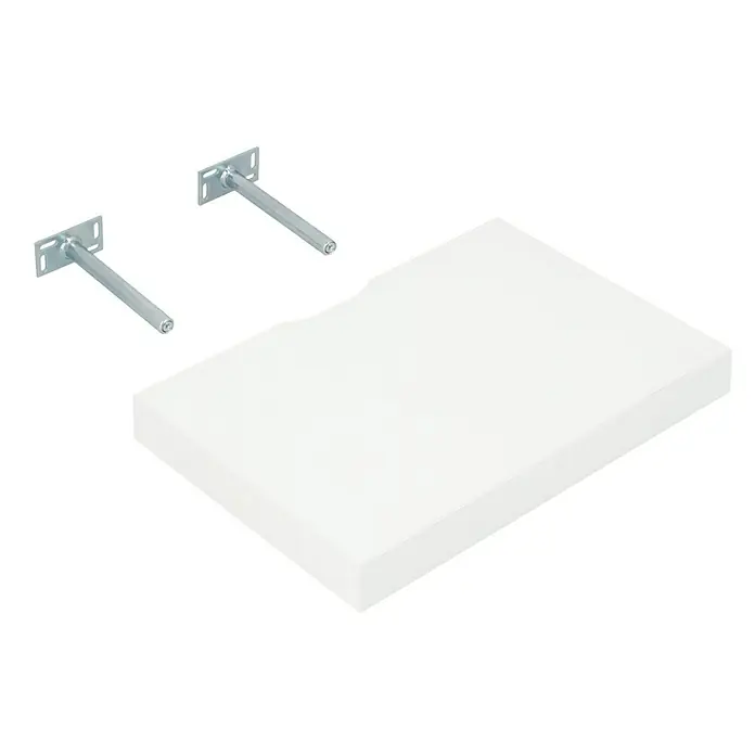 Dolle Wandboard Big Boy Media - L x B x H: 44,5 x 30 x 5 cm, Belastbarkeit: 30 kg, Weiß - Nahaufnahme einer schwebenden Ablage mit zwei Metallstützen zur sicheren Wandmontage, ideal für moderne Raumgestaltung und stilvolle Ordnung.