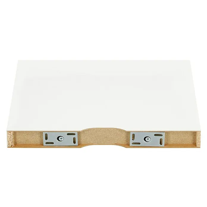 Dolle Wandboard Big Boy Media - L x B x H: 44,5 x 30 x 5 cm, Belastbarkeit: 30 kg, Weiß - Ansicht einer weißen Schubladenfront mit montierten Metallbeschlägen für Möbel. Der Fokus liegt auf der Montagefertigkeit des Möbelstücks.