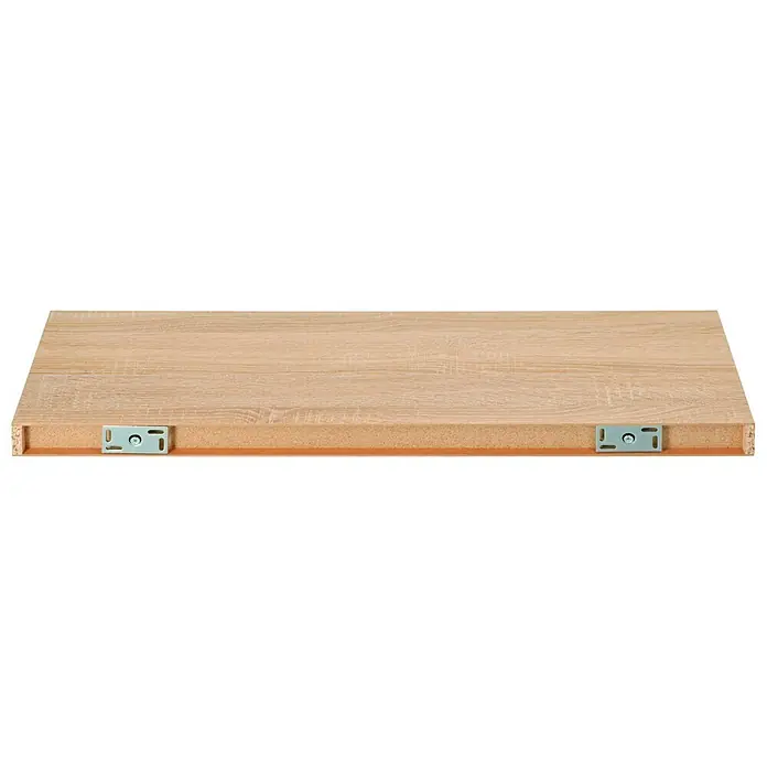 Dolle Wandboard Big Boy - L x B x H: 90 x 25 x 5 cm, Eiche, Belastbarkeit: 30 kg - Nahaufnahme eines Regals mit Holzstruktur und Metallbeschlägen, ideal für die Wandmontage und zur stilvollen Aufbewahrung von Gegenständen.