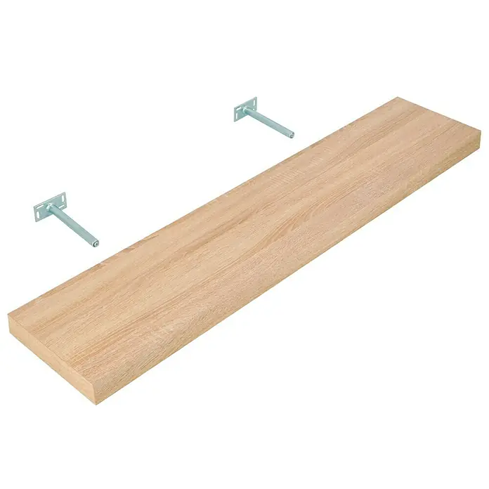 Dolle Wandboard Big Boy - L x B x H: 115 x 25 x 5 cm, Eiche, Belastbarkeit: 30 kg - Nahaufnahme eines Wandregals in heller Holzoptik, das von zwei silbernen Wandhalterungen flankiert wird. Das Regal bietet Stauraum und ist dekorativ.