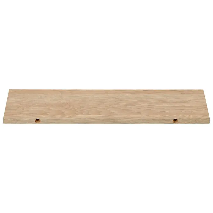 Dolle Wandboard Lite - L x B x S: 60 x 15 x 1,9 cm, Farbe: Eiche - Detailaufnahme eines hellen Holzregalbretts mit zwei Bohrungen, das die natürliche Holzmaserung und die helle Farbe des Holzes hervorhebt.