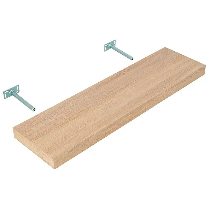 Dolle Wandboard Big Boy - L x B x H: 90 x 25 x 5 cm, Eiche, Belastbarkeit: 30 kg - Eine helle Holzregalplatte mit zwei silbernen Halterungen, bereit zur Montage, bietet stilvolle Ablagefläche.