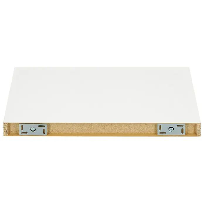 Dolle Wandboard Big Boy - L x B x H: 57 x 30 x 5 cm, Weiß, Belastbarkeit: 30 kg - Nahaufnahme einer weißen Regalbodenplatte mit zwei metallenen Halterungen an der Unterseite zur Befestigung an der Wand.
