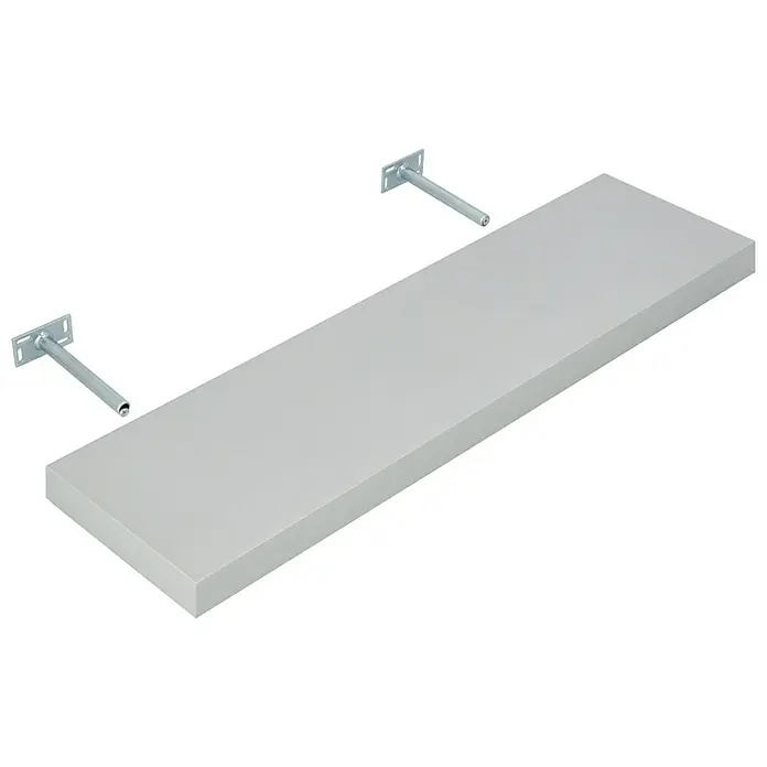 Dolle Estante flotante Big Boy - L x An x Al: 90 x 25 x 5 cm, Plateado, Carga soportada: 30 kg - Primer plano de una estantería flotante con soportes metálicos sobre una pared negra. Ideal para un almacenamiento y decoración elegantes.