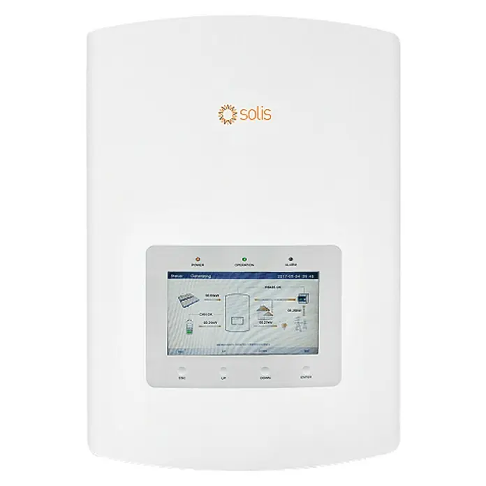 Inversor Híbrido Monofásico Solis - 3,6 kW, L x An x Al: 24,9 x 33,3 x 50,5 cm - Inversor Solis blanco con pantalla que muestra datos de operación. Ideal para sistemas solares y conversión de energía eficiente.