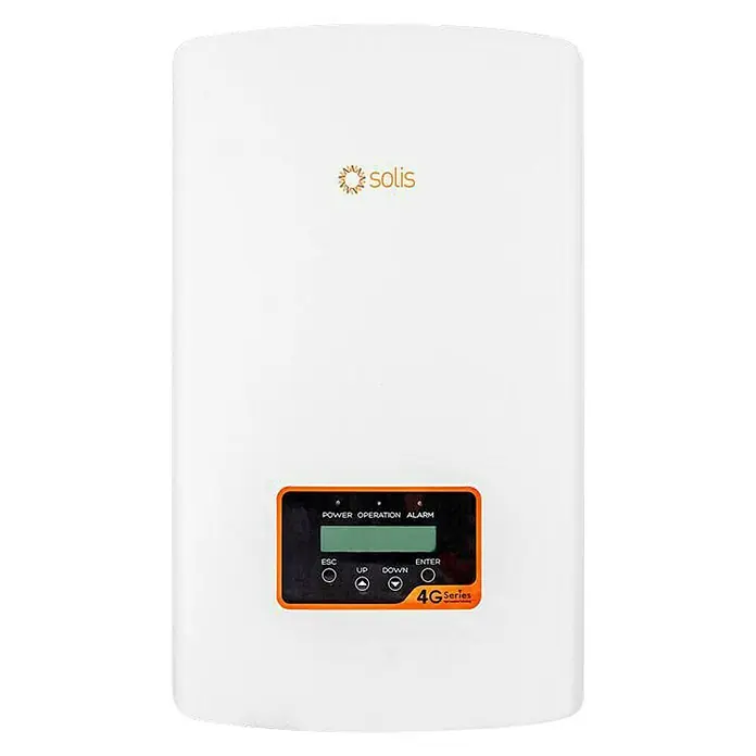 Inversor de red S5-GR1P - 5 kW, L x An x Al: 16 x 54,3 x 31 cm - Inversor solar Solis serie 4G con indicadores de potencia, operación y alarma en la pantalla.