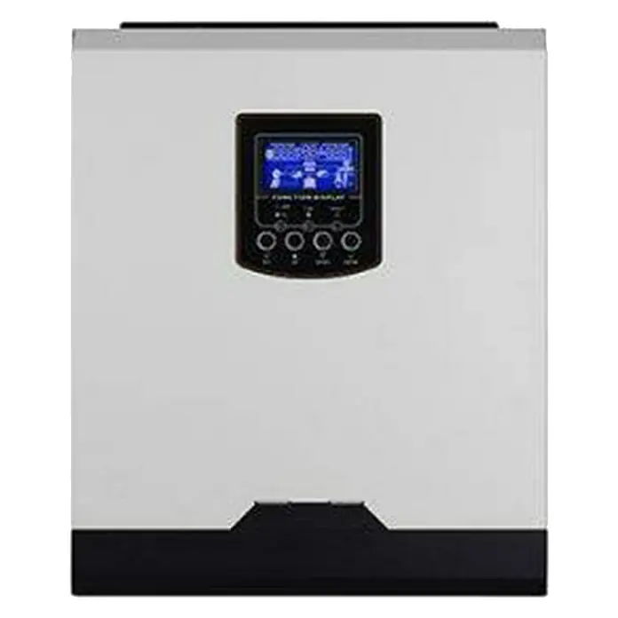 Inversor Axpert V - 1.500 W, 230 V, L x An x Al: 9 x 28,8 x 35,7 cm - Un inversor solar blanco y rectangular con una pantalla negra en el centro y una base negra.