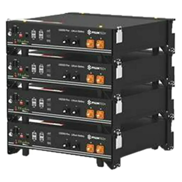 Batería solar Pylontech UP2500 - L x An x Al: 42 x 44,2 x 12 cm - Vista de un sistema de almacenamiento de batería Pylontech con cuatro módulos. Almacenamiento de energía eficiente y confiable.