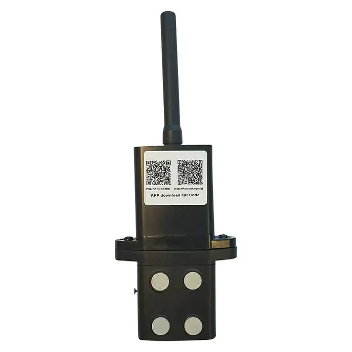 Radiotransmisor WiFi - Negro, Funcionamiento en red - La imagen muestra un dispositivo WatchPower con antena, código QR e imanes, ideal para el seguimiento de energía y la descarga de aplicaciones.
