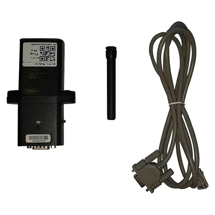 Radiotransmisor WiFi - Negro, Funcionamiento en red - Imagen de un módulo Wi-Fi, un pequeño cilindro negro y un cable gris con conectores, dispuestos sobre un fondo negro.
