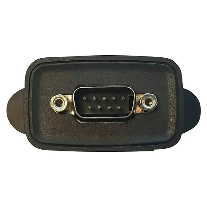 Radiotransmisor WiFi - Negro, Funcionamiento en red - Primer plano de una carcasa negra con un puerto serie de 9 pines.