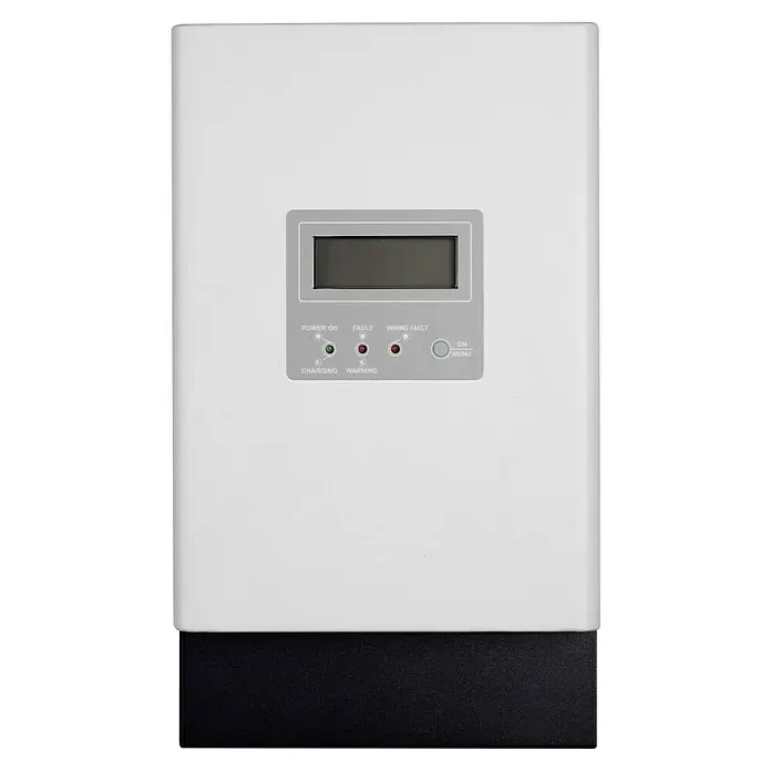 Regulador solar SCC - MPPT - L x An x Al: 12,8 x 16,5 x 31,5 cm - Inversor de energía solar blanco con pantalla, luces indicadoras de encendido, fallo, error de cableado y menú. Para carga y avisos.