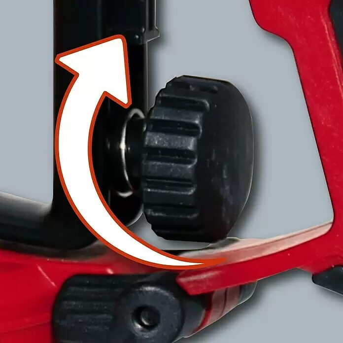 Einhell Classic Farbsprühsystem TC-SY 700 S - 700 W, Förderleistung: 1 l/min - Schwarzer gerippter Einstellknopf an einem roten Werkzeug, weißer Pfeil zeigt Drehbewegung an.