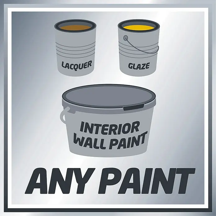 Einhell Classic Farbsprühsystem TC-SY 600 S - 600 W, Förderleistung: 1 l/min - Eine Illustration von Farbdosen, die Lack, Lasur und Innenwandfarbe darstellen, mit dem Text "Any Paint".