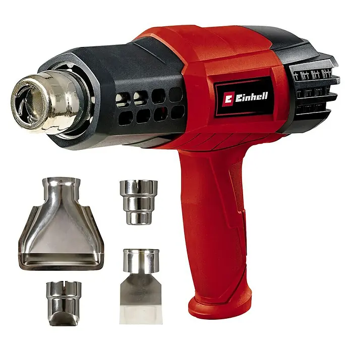 Einhell Expert Heißluftgebläse TE-HA 2000 E - 2.000 W, Temperaturbereich: 50 °C - 550 °C - Abbildung einer roten Einhell Heißluftpistole mit Aufsätzen auf schwarzem Hintergrund.