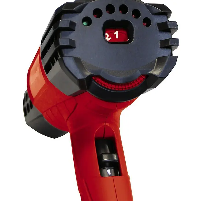 Einhell Expert Heißluftgebläse TE-HA 2000 E - 2.000 W, Temperaturbereich: 50 °C - 550 °C - Ein rotes Heißluftgebläse mit Temperaturanzeige und Schalter für verschiedene Heizstufen. Ideal für Heimwerkerarbeiten.