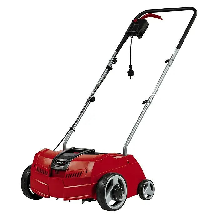 Einhell Classic Elektro-Vertikutierer GC-ES 1231/1 - 1.200 W, Arbeitsbreite: 31 cm - Roter Einhell Elektro-Vertikutierer mit silbernem Griff und schwarzen Rädern für die Rasenpflege.
