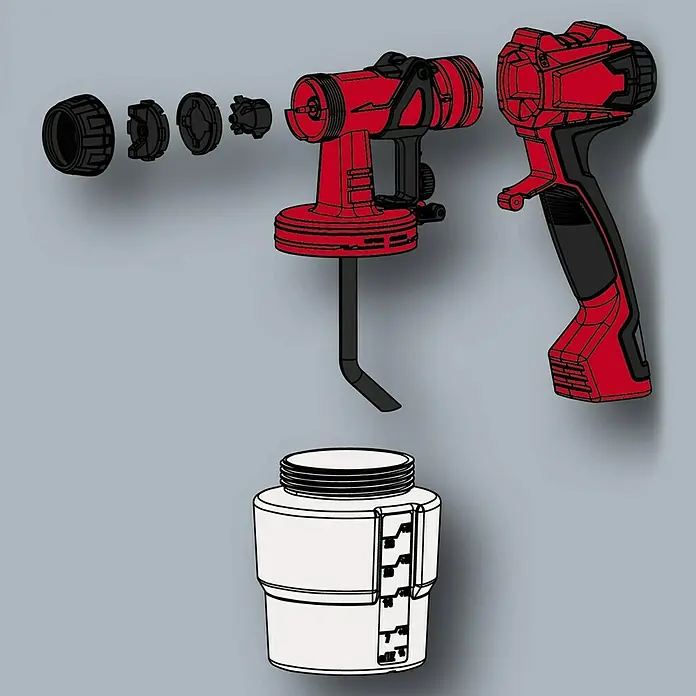 Einhell Classic Farbsprühsystem TC-SY 600 S - 600 W, Förderleistung: 1 l/min - Explosionszeichnung einer roten Farbspritzpistole mit Zubehör und Behälter, ideal zum präzisen Auftragen von Farbe.