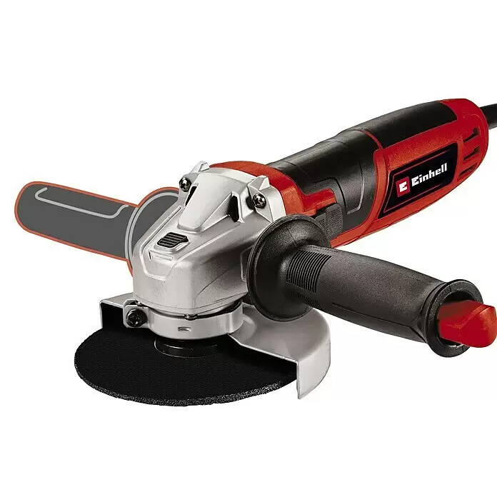 Einhell Elektro-Winkelschleifer - 750 W, Durchmesser Scheibe: 115 mm, Leerlaufdrehzahl: 12.000 U/min - Rot-schwarzer Einhell Winkelschleifer mit silbernem Getriebegehäuse, Zusatzhandgriff und schwarzer Schleifscheibe.