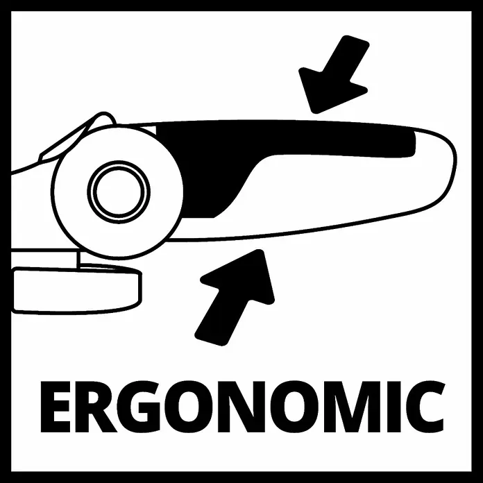 Einhell Elektro-Winkelschleifer - 750 W, Durchmesser Scheibe: 115 mm, Leerlaufdrehzahl: 12.000 U/min - Die Abbildung zeigt das ergonomische Design eines Winkelschleifers, mit Pfeilen, die auf den Griff zeigen, um seine Benutzerfreundlichkeit hervorzuheben.