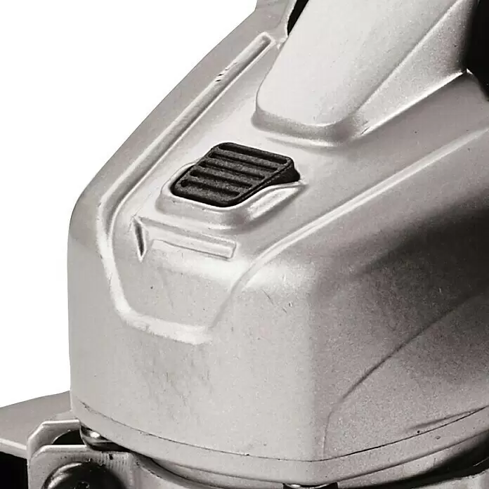Einhell Elektro-Winkelschleifer - 750 W, Durchmesser Scheibe: 115 mm, Leerlaufdrehzahl: 12.000 U/min - Nahaufnahme eines silbernen Elektrowerkzeuggehäuses mit einem schwarzen, gerippten Schiebeschalter.
