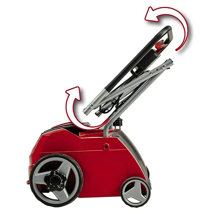 Einhell Classic Elektro-Vertikutierer GC-ES 1231/1 - 1.200 W, Arbeitsbreite: 31 cm - Bild einer roten Rasenkehrmaschine mit verstellbarem Griff, der durch Pfeile hervorgehoben wird.