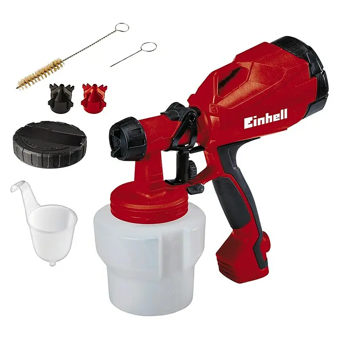 Einhell Classic Farbsprühsystem TC-SY 500 P - 500 W, Förderleistung: 0,55 l/min - Abbildung einer Einhell Farbspritzpistole mit Zubehör, ideal für DIY-Projekte und professionelle Lackierarbeiten.