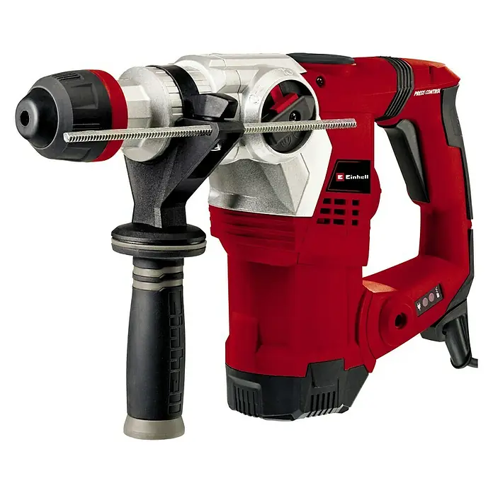 Einhell Expert Plus Kombihammer TE-RH 32 4F Kit - 1.250 W, 5 J, SDS-Plus-Aufnahme - Roter und silberner Einhell Bohrhammer mit schwarzem Griff und Bohrfutter für schwere Bohrarbeiten und Meißelarbeiten.