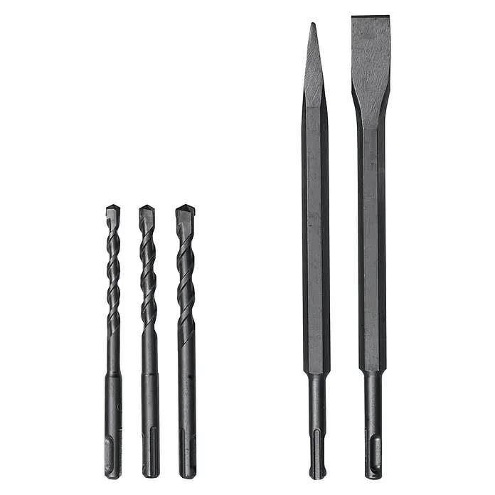 Einhell Expert Plus Kombihammer TE-RH 32 4F Kit - 1.250 W, 5 J, SDS-Plus-Aufnahme - Verschiedene SDS-Plus-Bohrer und Meißel für Bohrmaschinen in einer Nahaufnahme.