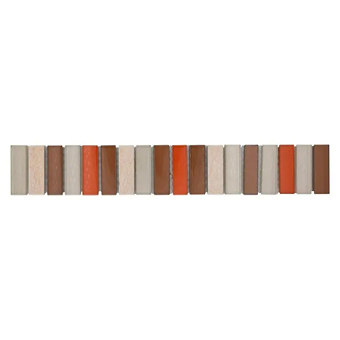 Fliesenbordüre Hendon BO NB1110 - 30,5 x 4,8 cm, Beige/Braun, Glänzend - Rechteckiges Mosaikfliesenmuster in Beige, Braun- und Orangetönen für Wand- oder Bodengestaltung, ideal für einen modernen Look.