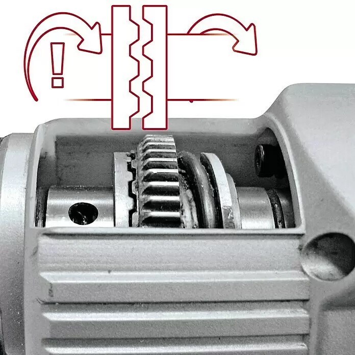 Einhell Expert Plus Kombihammer TE-RH 32 4F Kit - 1.250 W, 5 J, SDS-Plus-Aufnahme - Innenansicht des Metallgetriebes eines Elektrowerkzeugs, mit Grafik einer Klauenkupplung zur Kraftübertragung.