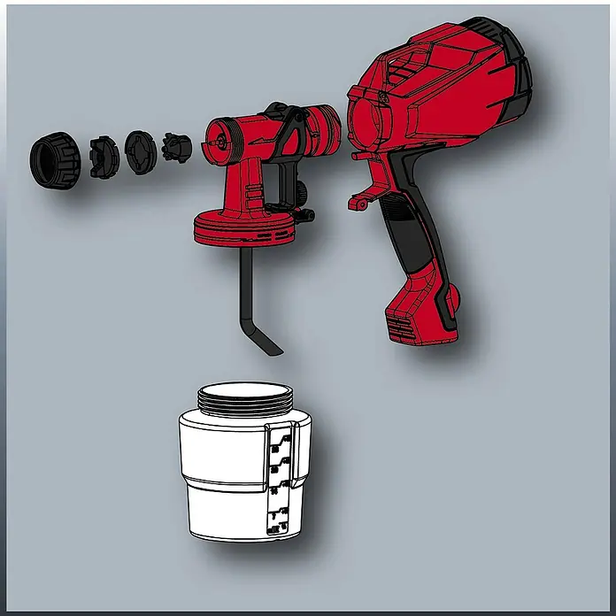 Einhell Classic Farbsprühsystem TC-SY 500 P - 500 W, Förderleistung: 0,55 l/min - Eine Explosionszeichnung einer roten und schwarzen Farbspritzpistole mit Zubehör und einem Behälter.