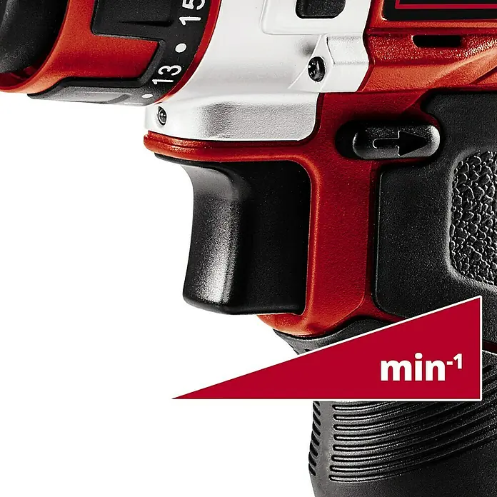Einhell Akku-Bohrschrauber TE-CD 12/1 X-Li (1x2,0Ah) - 12 V, 1 Akku, 2 Ah - Nahaufnahme einer roten und schwarzen Einhell-Bohrmaschine, die einen präzisen Blick auf das Design und die Funktionalität des Werkzeugs bietet.