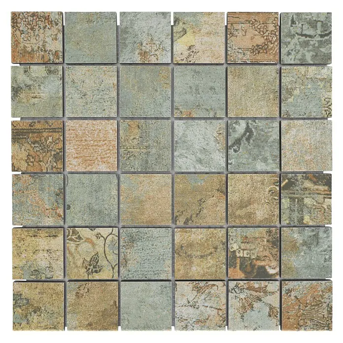 Mosaikfliese Quadrat Curtain 47 Mix CB 47BBG - 29,5 x 29,5 cm, Grün/Beige/Braun, Matt - Nahaufnahme eines Musters aus kleinen, quadratischen Mosaikfliesen in verschiedenen Erd- und Grüntönen, ideal für Bad oder Küche.