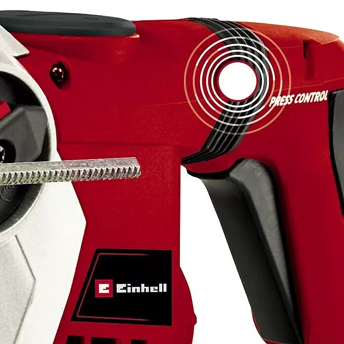 Einhell Expert Plus Kombihammer TE-RH 32 4F Kit - 1.250 W, 5 J, SDS-Plus-Aufnahme - Roter und schwarzer Einhell Bohrhammer mit Tiefenanschlag und "Press Control"-Funktion, angezeigt durch konzentrische Kreise am Griff.
