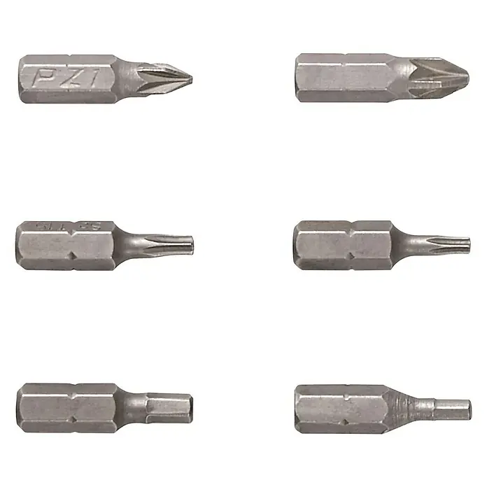 Einhell Akkuschrauber TC-SD 3,6 Li - 3,6 V, 1 Akku, 1,5 Ah - Nahaufnahme von verschiedenen Schraubendreher-Bits, die verschiedene Typen und Größen zeigen, perfekt für Heimwerker- und Reparaturarbeiten.