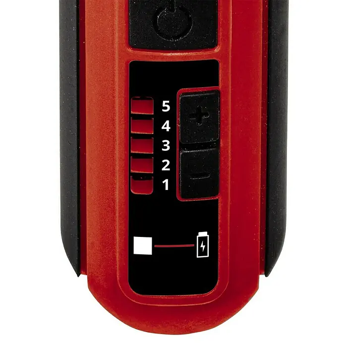Einhell Akku-Multifunktionswerkzeug - 7,2 V, 1 Akku, 1.500 mAh - Detailansicht eines roten Werkzeugs mit Bedienelementen für Geschwindigkeitsstufen und Batterieanzeige zur Leistungsüberwachung.