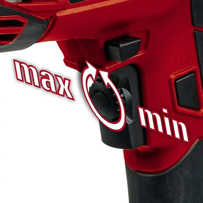 Einhell Schlagbohrmaschine TC-ID 720/1 E - 720 W, 2.800 U/min, Max. Schlagzahl: 44.800 /min - Detailaufnahme eines Einhell-Werkzeugs mit Drehknopf zur Einstellung zwischen "min" und "max", umgeben von einem Pfeil.
