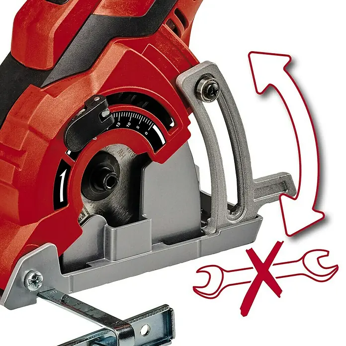Einhell Classic Mini-Handkreissäge TC-CS 89 - 600 W, Durchmesser Sägeblatt: 89 mm, Leerlaufdrehzahl: 7.200 U/min - Nahaufnahme einer roten Kreissäge mit Winkeleinstellung und Hinweisen zur Bedienung.