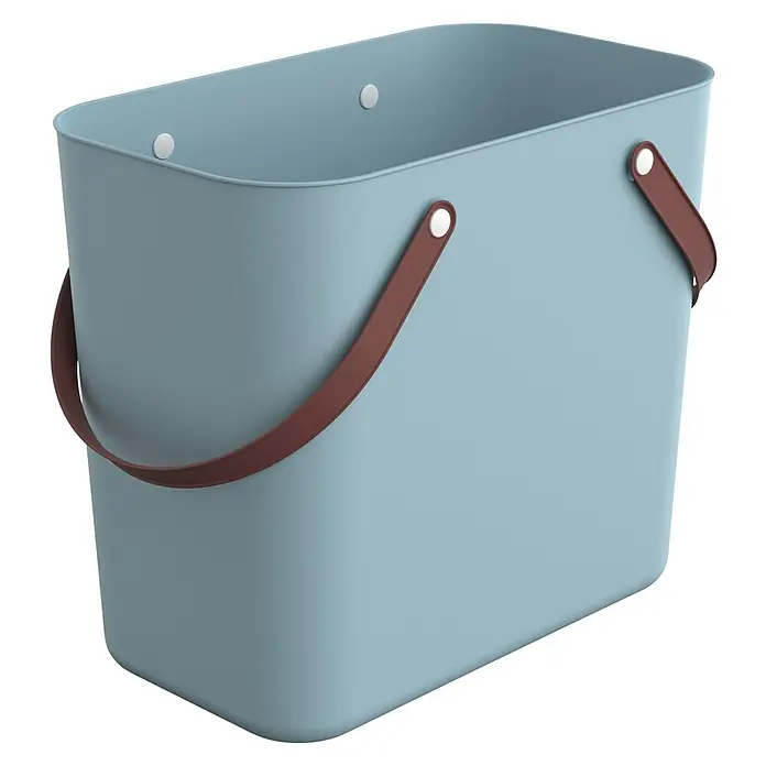 Rotho Albula Tasche Multibag Classic - 25 l, Skilla Türkis, Kunststoff - Ein blauer rechteckiger Korb mit braunen Griffen und abgerundeten Ecken. Ideal zum Aufbewahren und Tragen von Gegenständen im Haushalt.