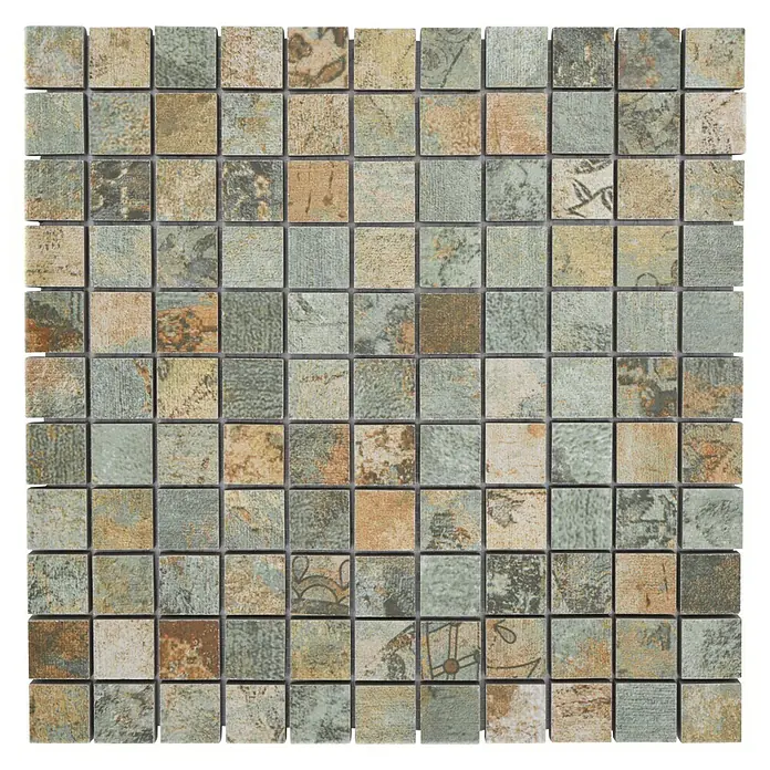 Mosaikfliese Quadrat Curtain 25 Mix CB 25BBG - 29,5 x 29,5 cm, Grün/Beige/Braun, Matt - Dekoratives quadratisches Mosaik mit rustikalem Design in verschiedenen Braun- und Grüntönen, ideal für individuelle Wand- und Bodengestaltung.
