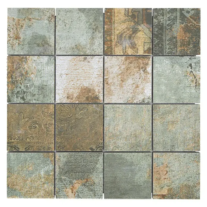 Mosaikfliese Quadrat Curtain 71 Mix CB 71BBG - 29 x 29 cm, Grün/Beige/Braun, Matt - Dekorfliese mit Vintage-Muster und Farbverlauf in Grün-, Braun- und Beigetönen für Wand- und Bodenbeläge, die einen Hauch von Nostalgie verleihen.